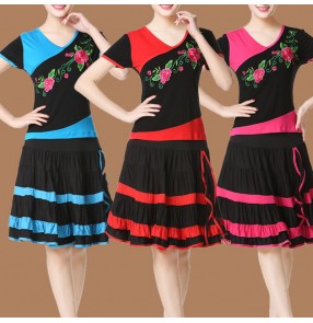 Flowers Latin Ballroom dance dresses for women Square dance salsa rumba chacha performance costume salsa rumba chacha dance embroidered short-sleeved blouse short skirt set 